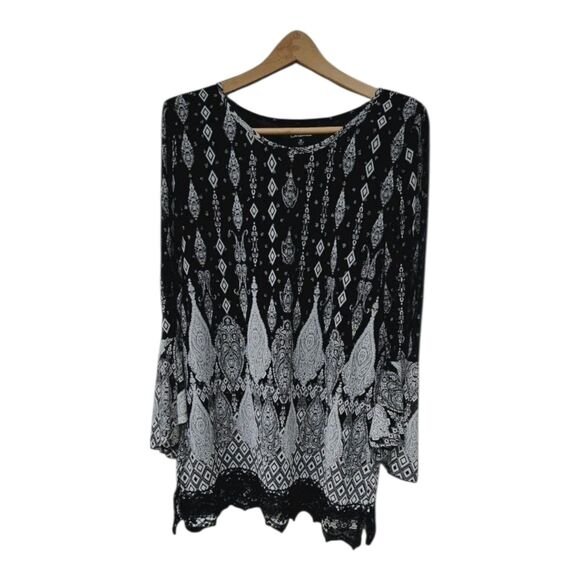 calessa Tops - Calessa Black Moroccan Print Tunic Top Blouse Med Bell Sleeve Bohemian
